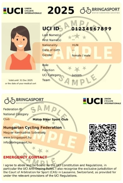 UCI licenc minta – előlap és hátlap, SAMPLE felirattal